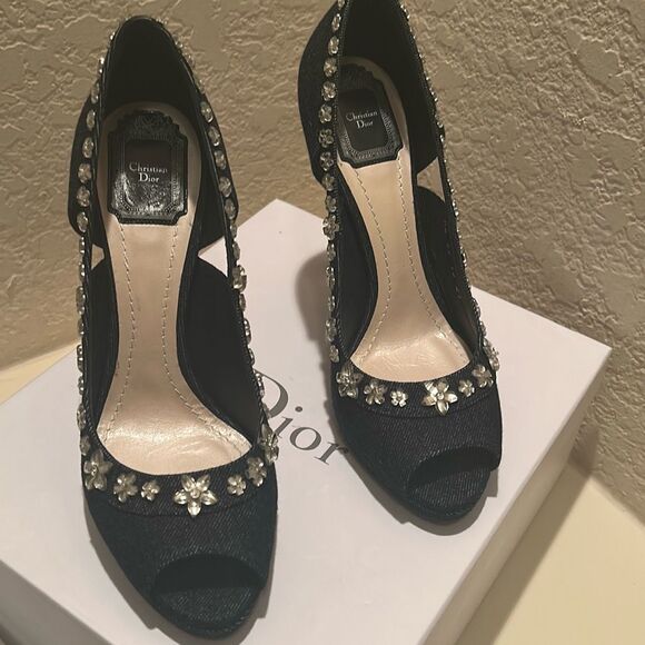 Dior Size 41 Garland Denim Peep Toe High Heel Blue Rhinestone Cowboy Carter NWT - Picture 1 of 16